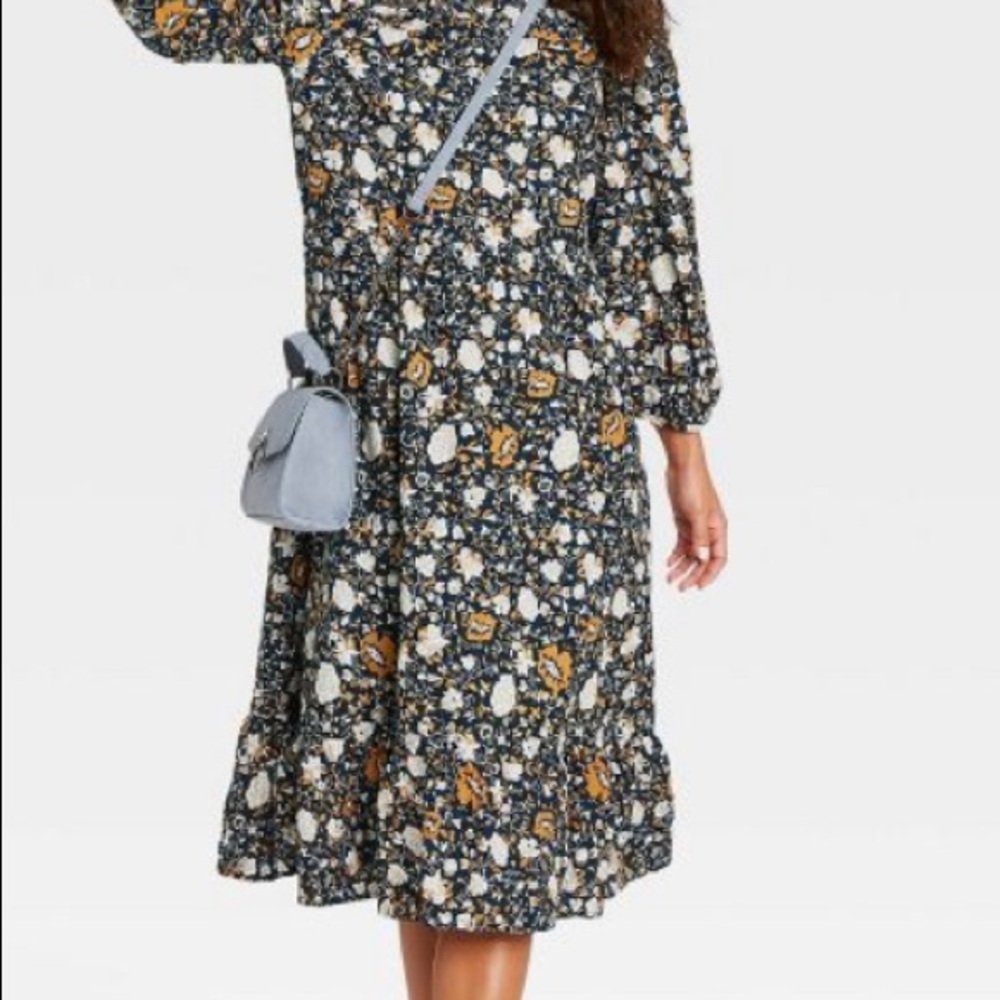 Navy and gold floral pattern midi dress